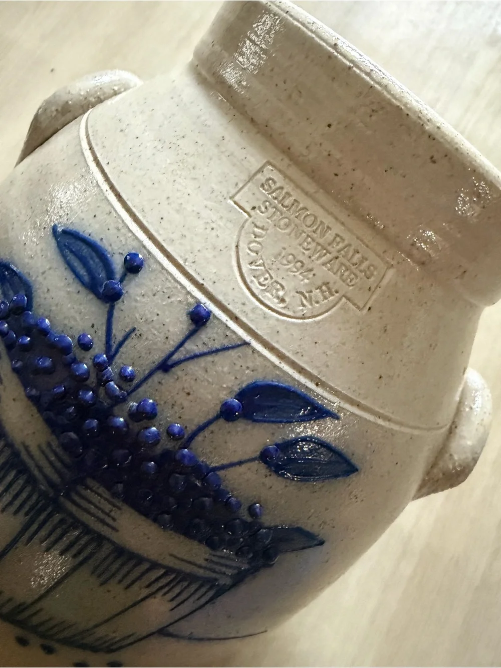 Salmon Falls Stoneware 1994 Pottery Canister Lid Handles Blueberry Basket
